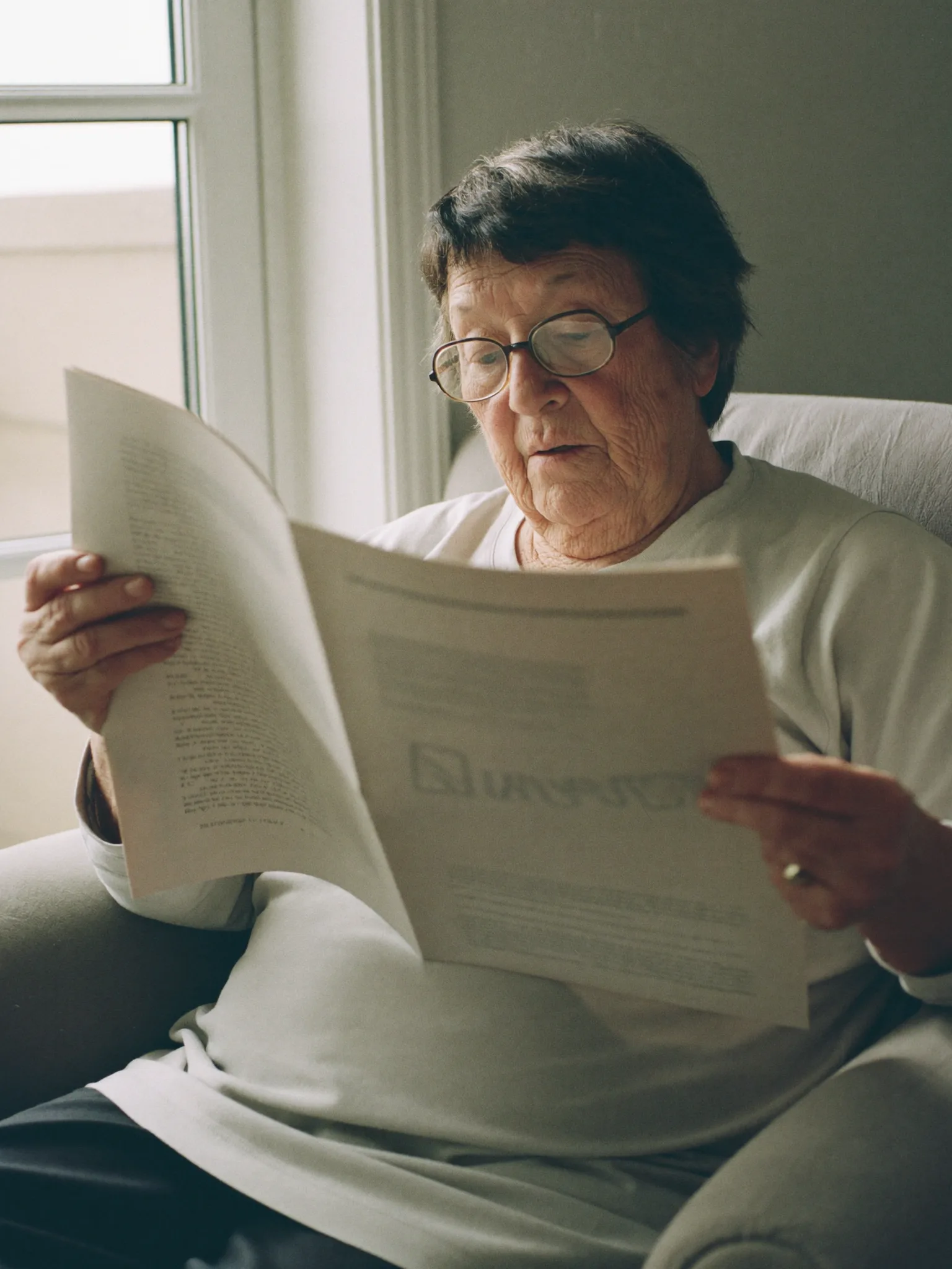 Seniorin sitzt am Fenster und liest Zeitung in Simmozheim