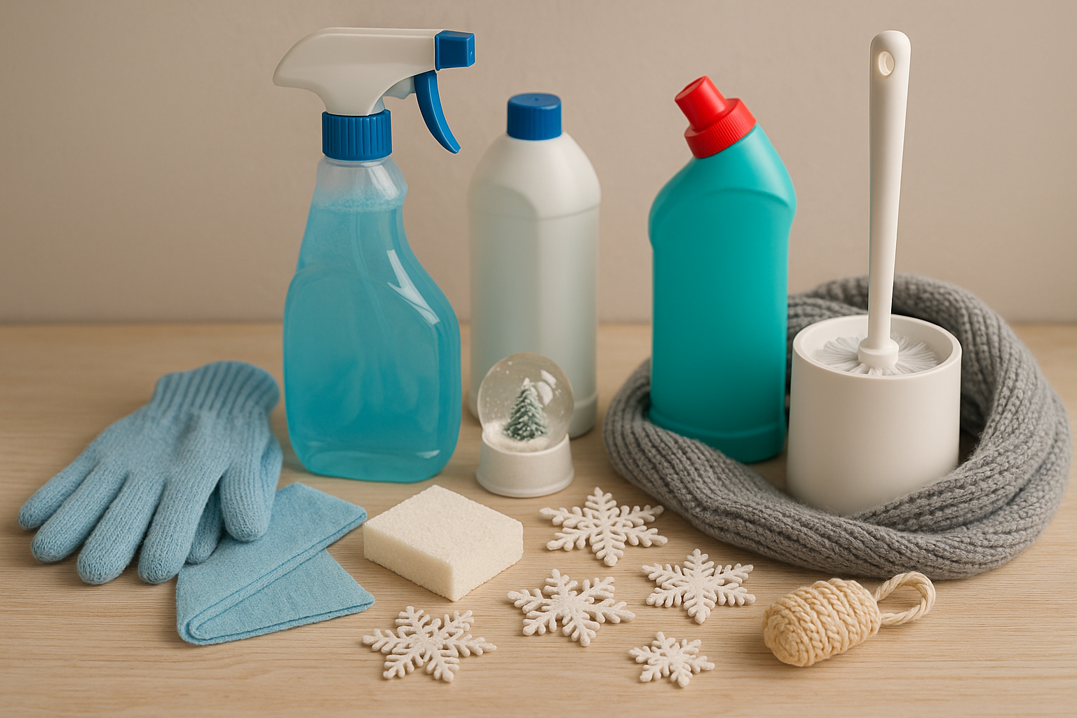 Winterchaos im Haushalt – Reinigungs- und Haushaltsmaterial auf hellem Tisch