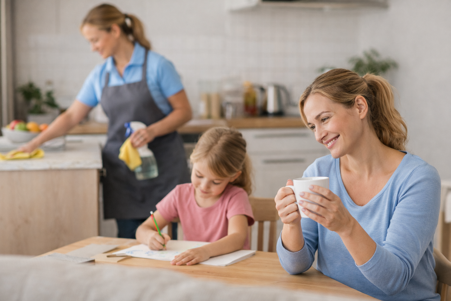 Familie im Wohnzimmer, Kind malt, Mutter lächelt