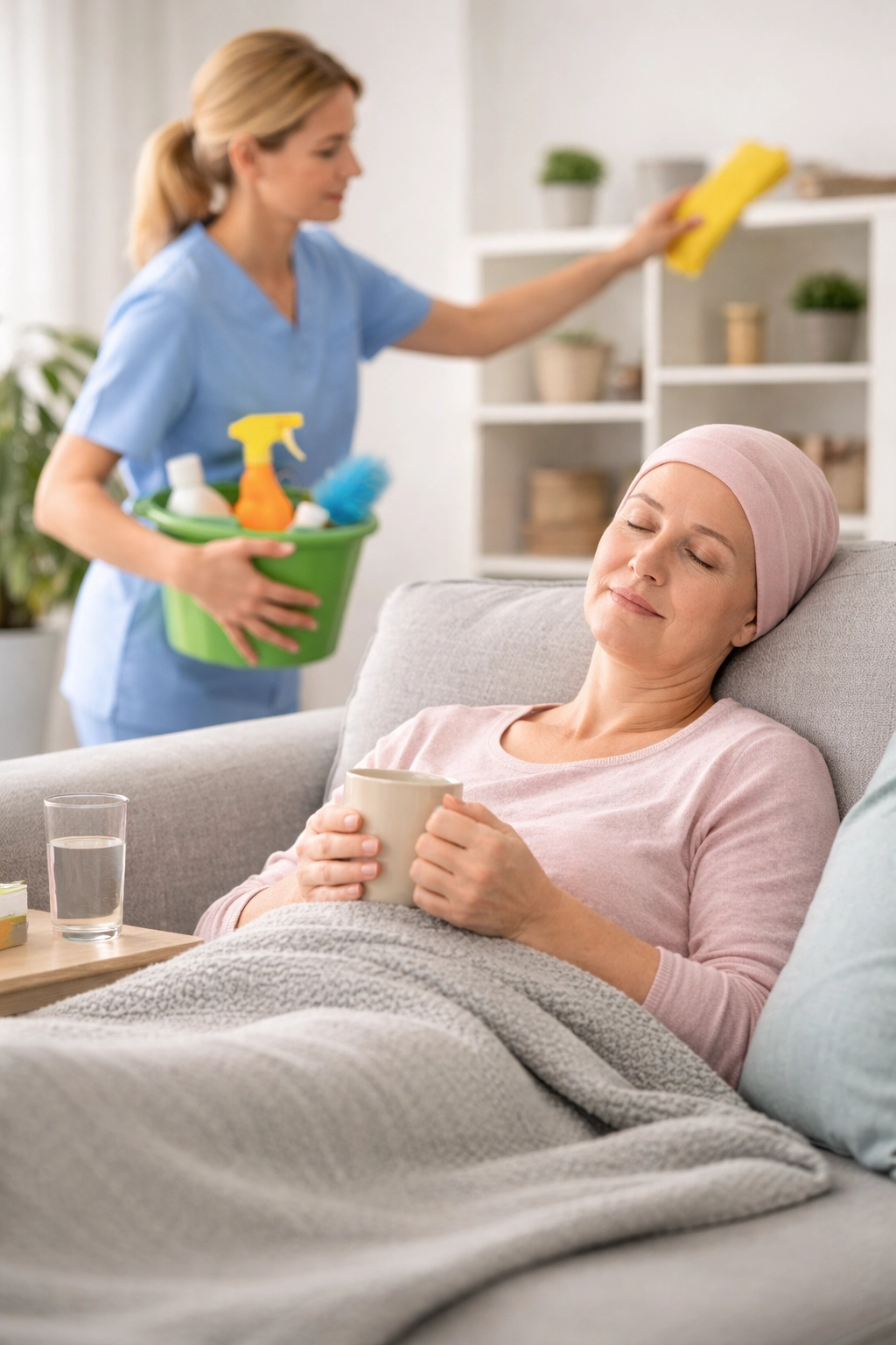 Haushaltshilfe unterstützt krebskranke Patientin während Chemotherapie im Alltag