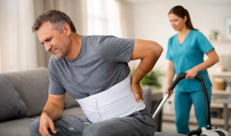 Haushaltshilfe unterstützt Patient nach Bandscheibenoperation im Haushalt