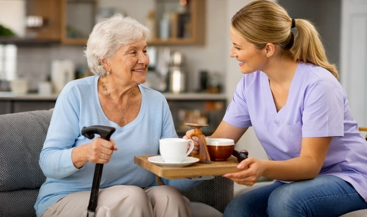 Haushaltshilfe unterstützt ältere Patientin nach Hüftoperation im Haushalt