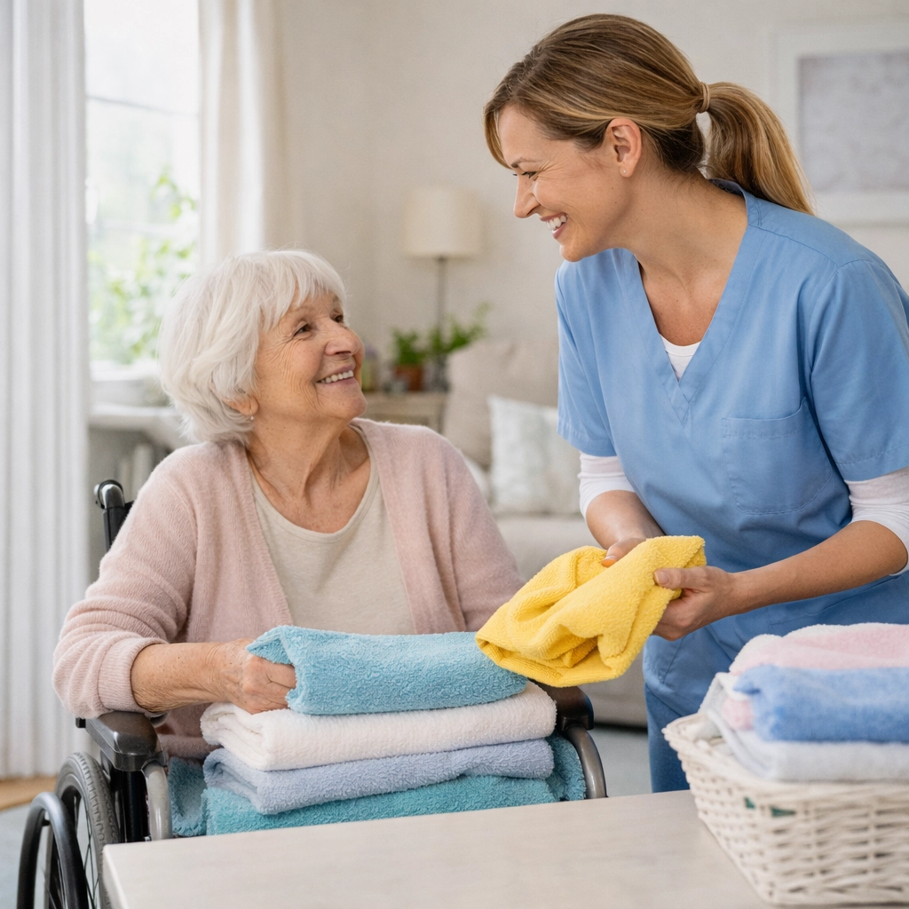 Haushaltshilfe unterstützt Seniorin mit Pflegegrad 2 beim Wäsche zusammenlegen im Haushalt