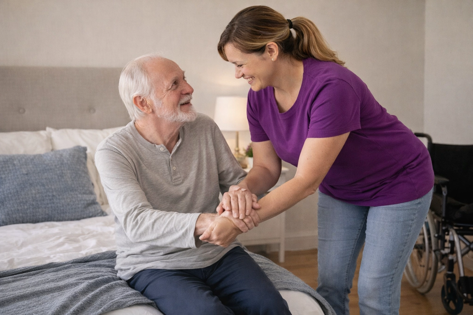 Haushaltshilfe unterstützt Senior mit Pflegegrad 4 beim Aufstehen im Schlafzimmer