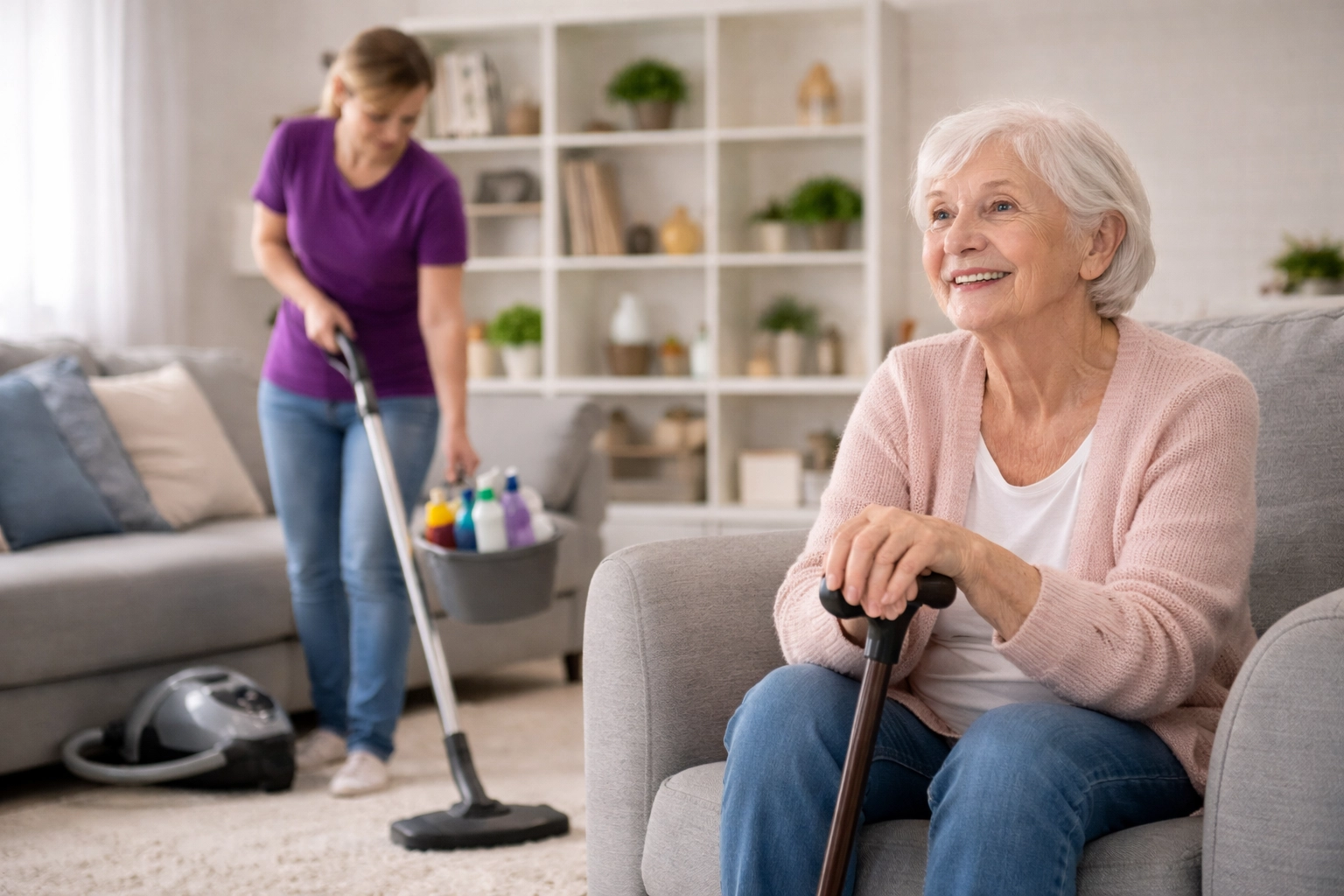 Haushaltshilfe unterstützt Seniorin mit Pflegegrad 5 beim Aufstehen und im Alltag