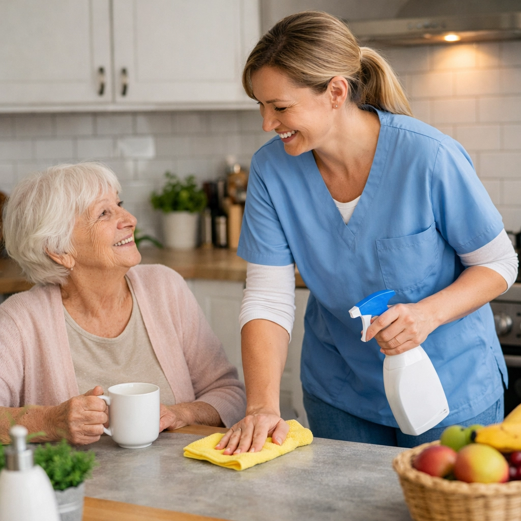 Haushaltshilfe unterstützt Seniorin mit Pflegegrad im Alltag in der Küche