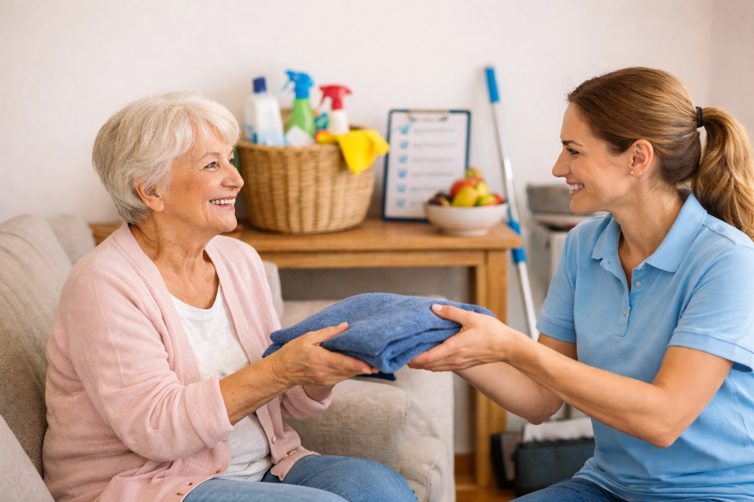 Haushaltshilfe unterstützt ältere Frau im Haushalt bei Pflegegrad
