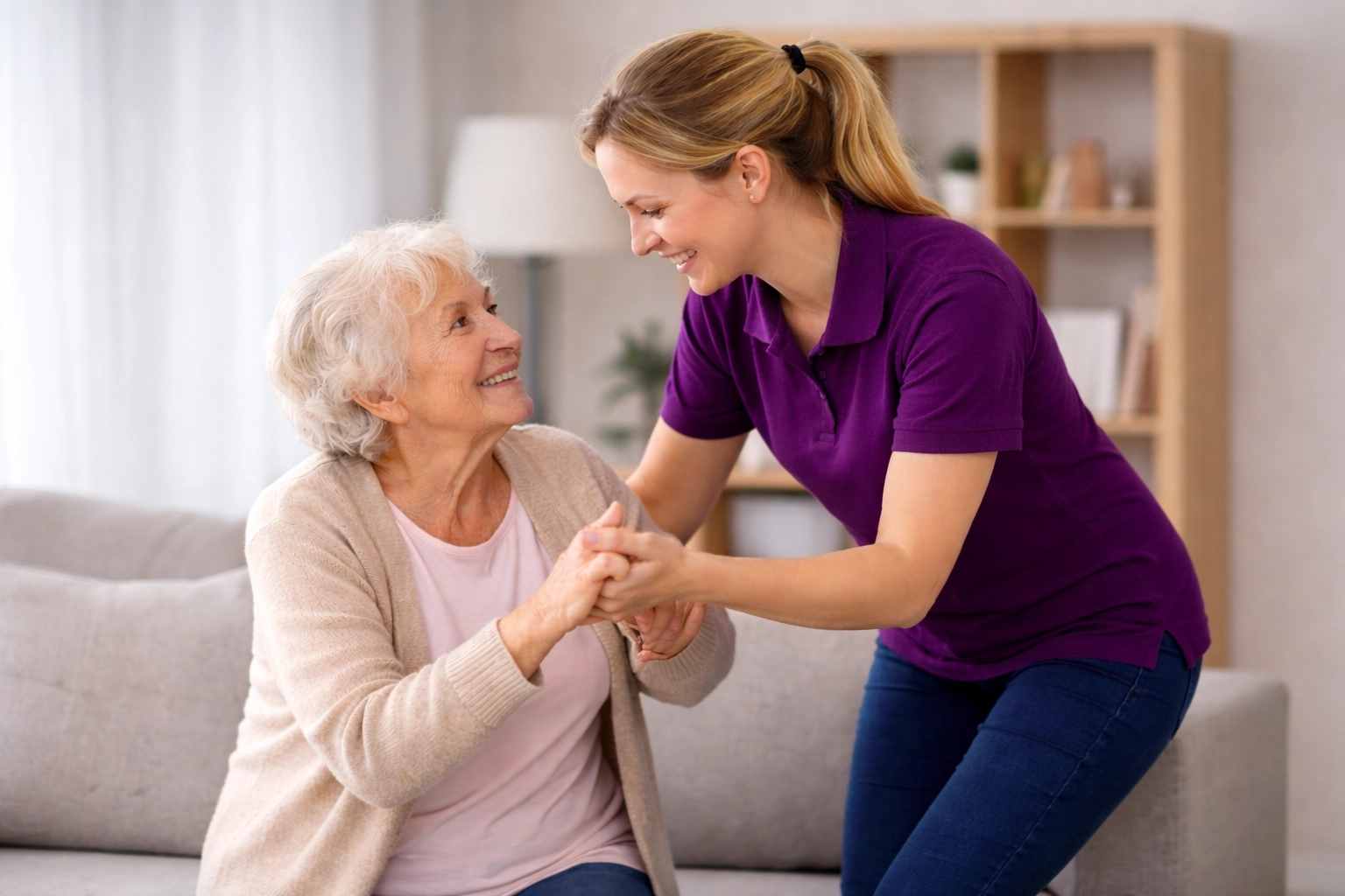 Pflegekraft unterstützt ältere Frau beim Aufstehen – Hilfe über Verhinderungspflege