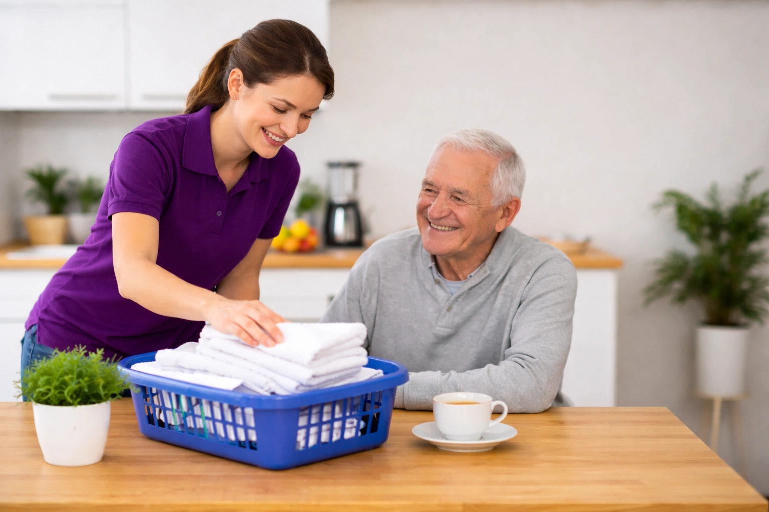 Pflegekraft hilft älterem Mann im Haushalt – Unterstützung im Alltag über Verhinderungspflege